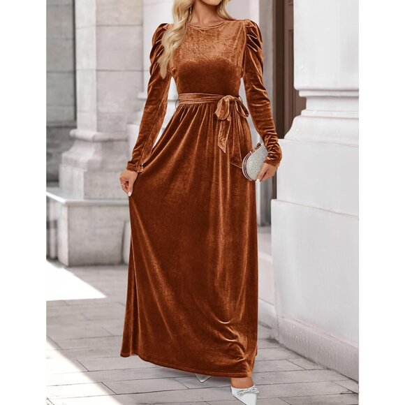 Luxury Velvet Long Sleeve Maxi Dress for Women - Chic High Waist Cocktail Gown - Picture 2 of 7
